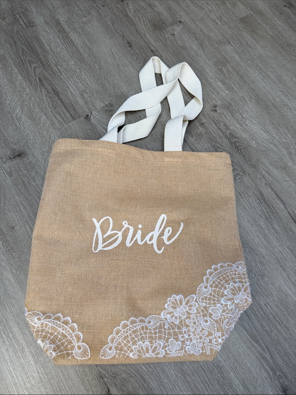 Bride Natural Jute Tote Bag with White Lace Print